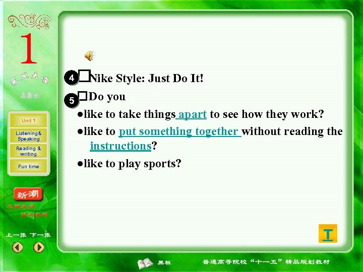 4 Style: Just Do It! Nike 5 Do Unit 1 Listening& Speaking Reading &