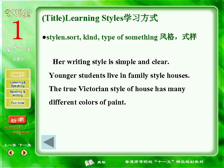 (Title)Learning Styles学习方式 ●stylen. sort, kind, type of something 风格，式样 Her writing style is simple