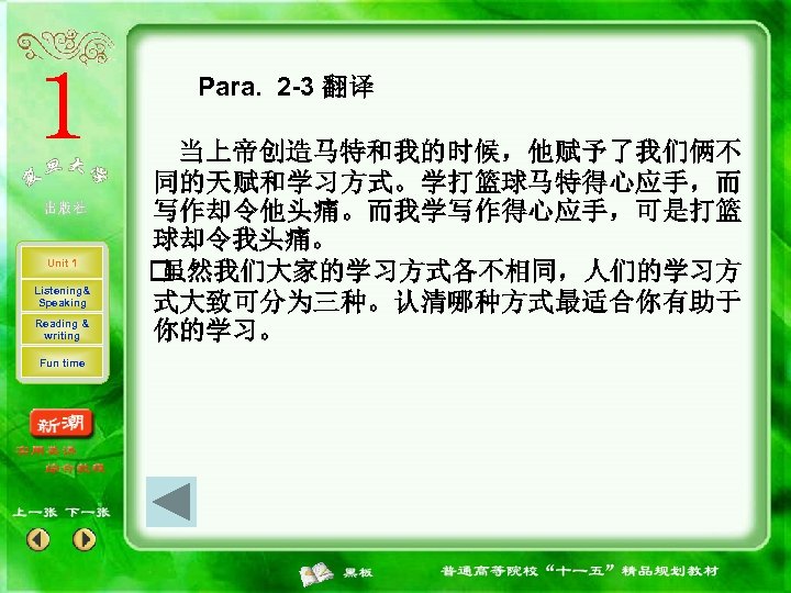 Para. 2 -3 翻译 Unit 1 Listening& Speaking Reading & writing Fun time 当上帝创造马特和我的时候，他赋予了我们俩不