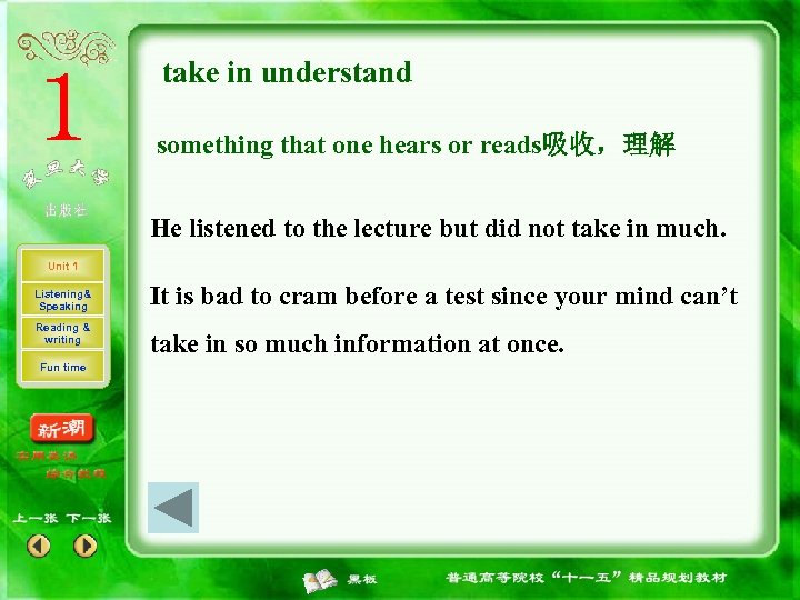 take in understand something that one hears or reads吸收，理解 He listened to the lecture