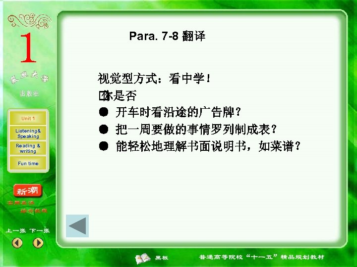 Para. 7 -8 翻译 Unit 1 Listening& Speaking Reading & writing Fun time 视觉型方式：看中学！