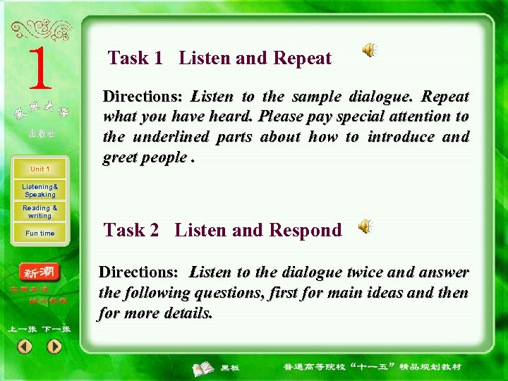 Task 1 Listen and Repeat Unit 1 Directions: Listen to the sample dialogue. Repeat