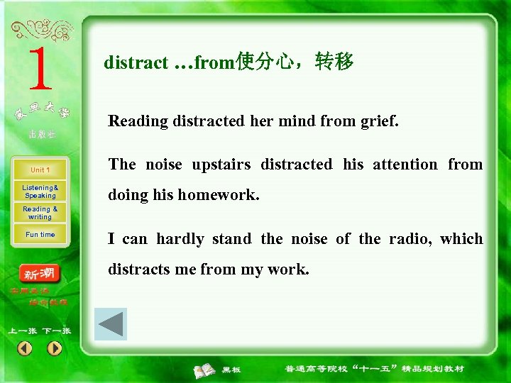 distract …from使分心，转移 Reading distracted her mind from grief. Unit 1 Listening& Speaking The noise
