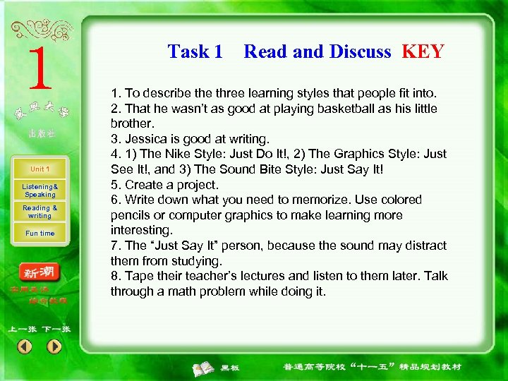 Task 1 Unit 1 Listening& Speaking Reading & writing Fun time Read and Discuss