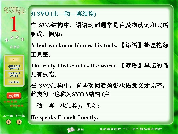 3) SVO (主—动—宾结构) 在 SVO结构中，谓语动词通常是由及物动词和宾语 组成。例如： A bad workman blames his tools. 【谚语】拙匠抱怨 具差。