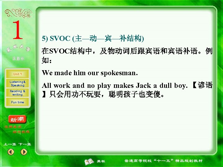 5) SVOC (主—动—宾—补结构) 在SVOC结构中，及物动词后跟宾语和宾语补语。例 如： Unit 1 Listening& Speaking Reading & writing Fun time