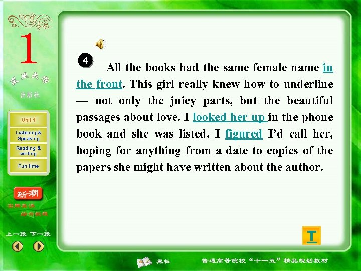 4 Unit 1 Listening& Speaking Reading & writing Fun time All the books had