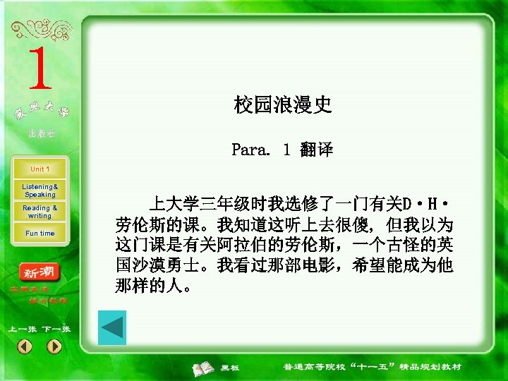 校园浪漫史 Para. 1 翻译 Unit 1 Listening& Speaking Reading & writing Fun time 上大学三年级时我选修了一门有关D·H·