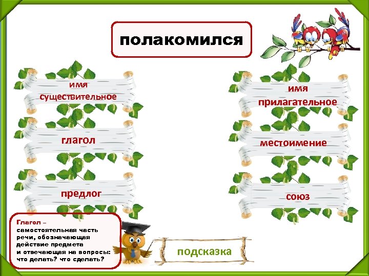 полакомился имя существительное имя прилагательное глагол местоимение предлог Глагол – самостоятельная часть речи, обозначающая