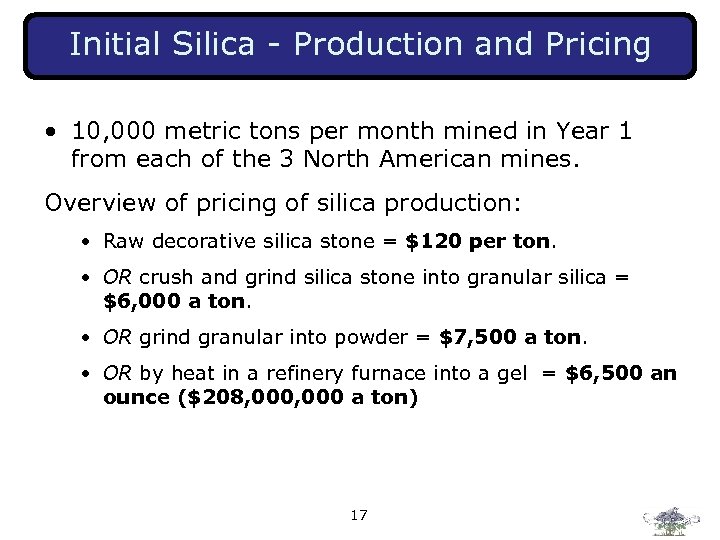 Initial Silica - Production and Pricing • 10, 000 metric tons per month mined