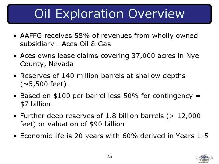 Oil Exploration Overview • AAFFG receives 58% of revenues from wholly owned subsidiary -