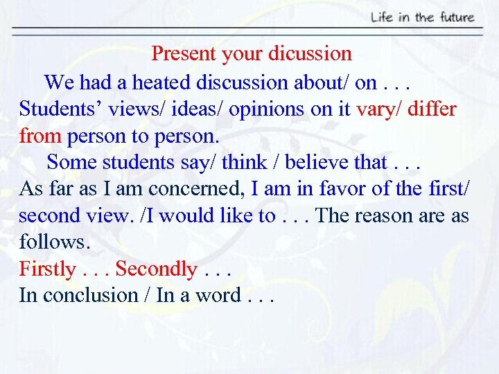 Present your dicussion We had a heated discussion about/ on. . . Students’ views/