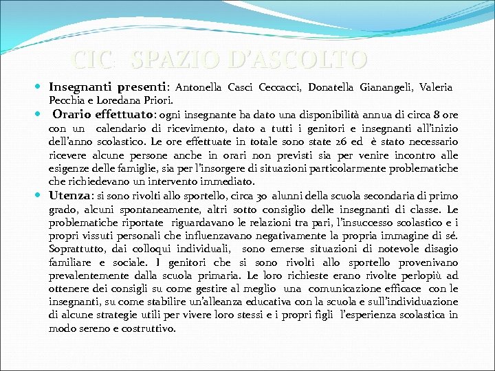 CIC: SPAZIO D’ASCOLTO Insegnanti presenti: Antonella Casci Ceccacci, Donatella Gianangeli, Valeria Pecchia e Loredana