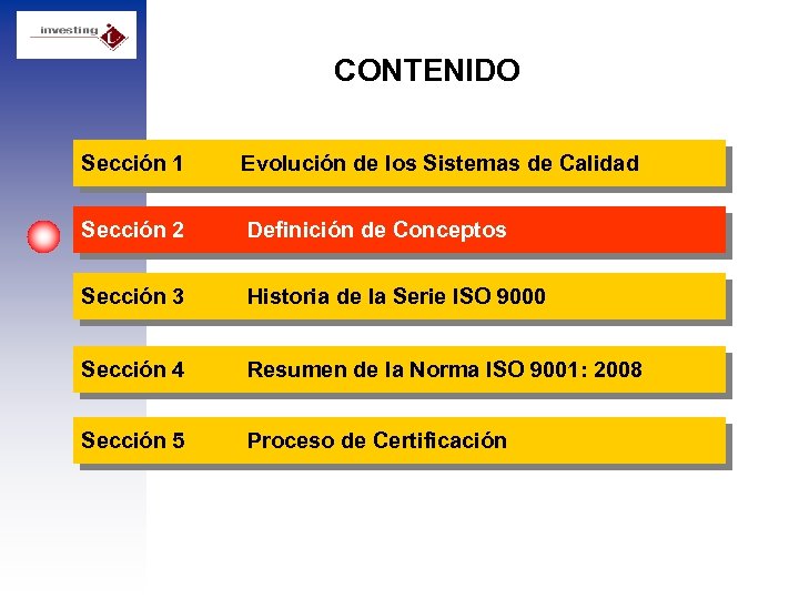 CONTENIDO Sección 1 Evolución de los Sistemas de Calidad Sección 2 Definición de Conceptos
