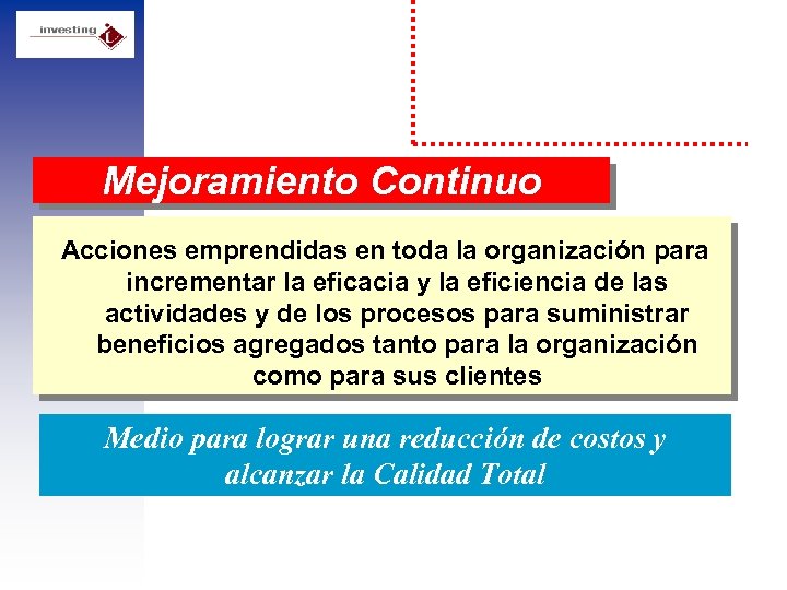 Mejoramiento Continuo Acciones emprendidas en toda la organización para incrementar la eficacia y la