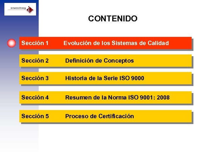 CONTENIDO Sección 1 Evolución de los Sistemas de Calidad Sección 2 Definición de Conceptos