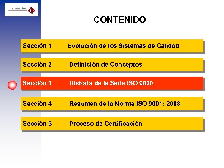 CONTENIDO Sección 1 Evolución de los Sistemas de Calidad Sección 2 Definición de Conceptos