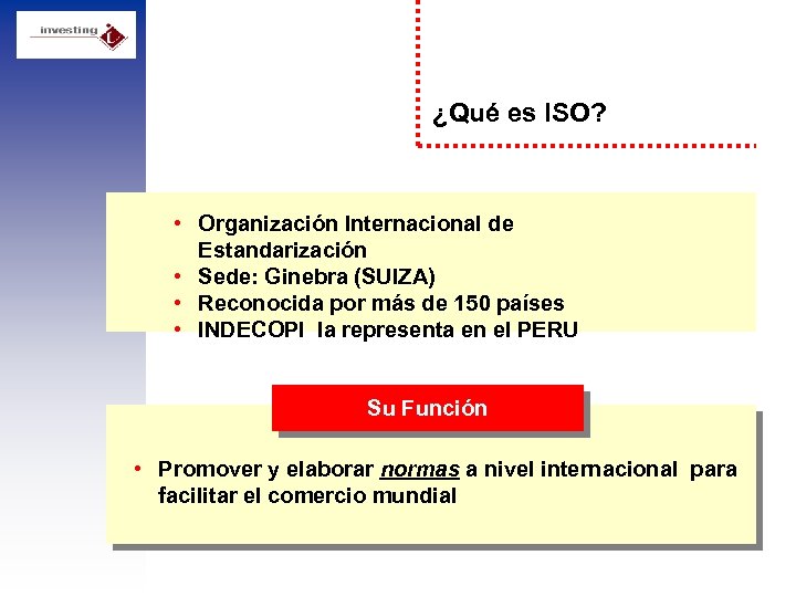¿Qué es ISO? • Organización Internacional de Estandarización • Sede: Ginebra (SUIZA) • Reconocida