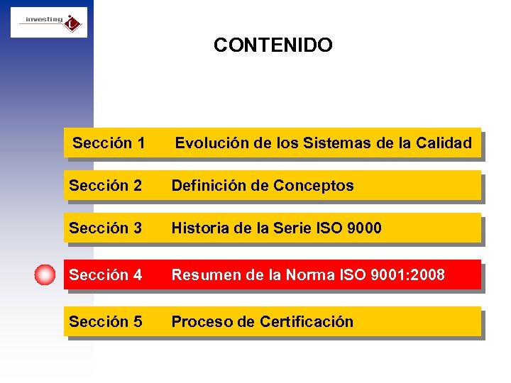 CONTENIDO Sección 1 Evolución de los Sistemas de la Calidad Sección 2 Definición de
