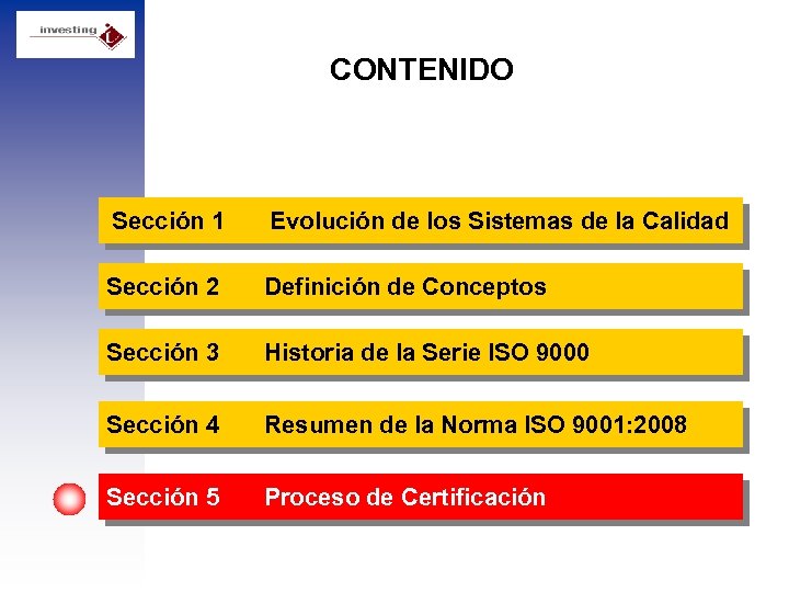 CONTENIDO Sección 1 Evolución de los Sistemas de la Calidad Sección 2 Definición de