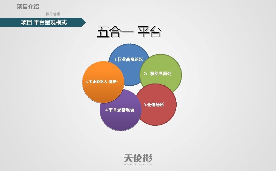 项目介绍 操作信息 项目 平台呈现模式 五合一 平台 1. 行业高峰论坛 2：粉丝见面会 5. 专业经纪人“讲座” 4. 节目录播现场 3.