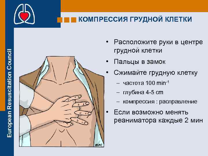 European Resuscitation Council КОМПРЕССИЯ ГРУДНОЙ КЛЕТКИ • Расположите руки в центре грудной клетки •