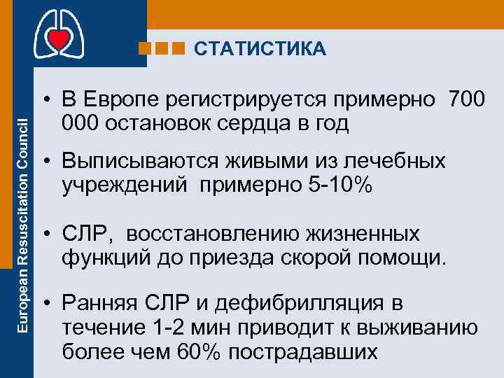 European Resuscitation Council СТАТИСТИКА • В Европе регистрируется примерно 700 000 остановок сердца в