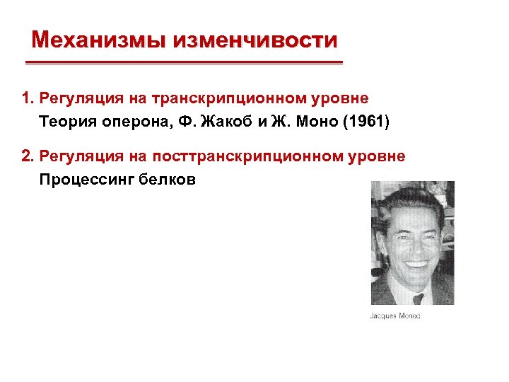 Механизмы изменчивости 1. Регуляция на транскрипционном уровне Теория оперона, Ф. Жакоб и Ж. Моно