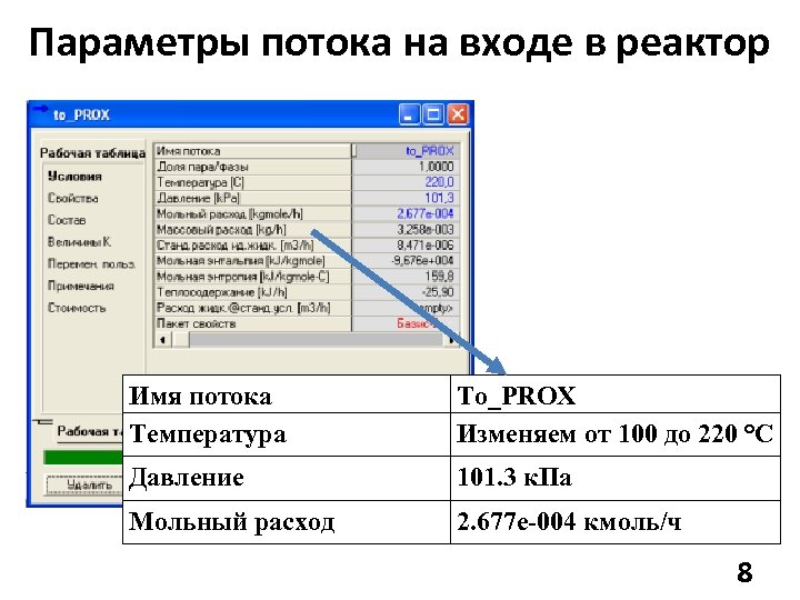 Параметры потока на входе в реактор Имя потока Температура To_PROX Изменяем от 100 до