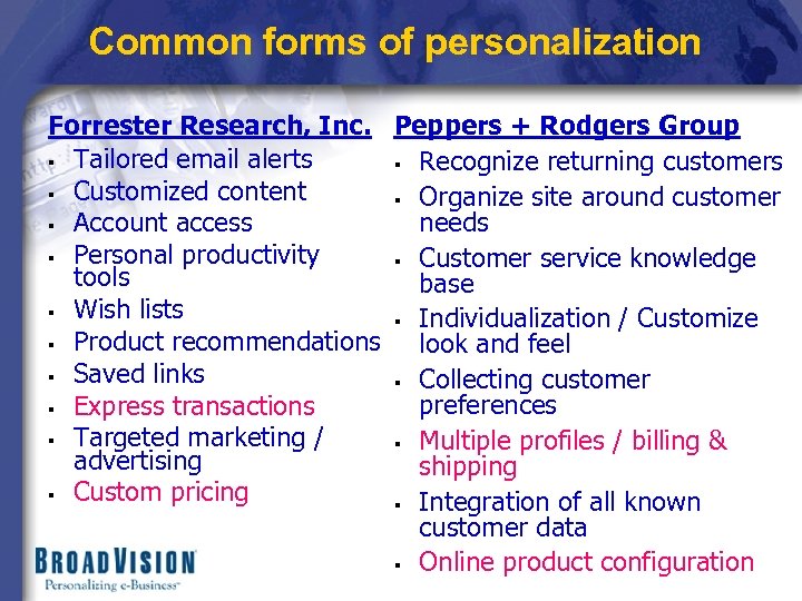 Common forms of personalization Forrester Research, Inc. Peppers + Rodgers Group § Tailored email