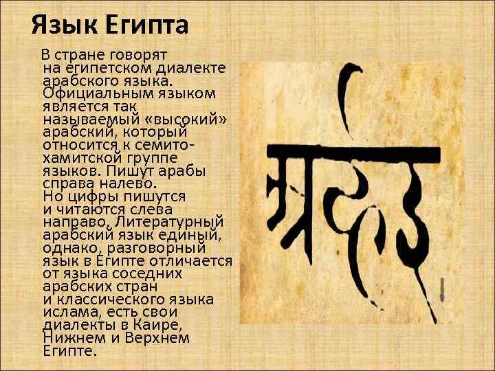Язык Египта В стране говорят на египетском диалекте арабского языка. Официальным языком является так