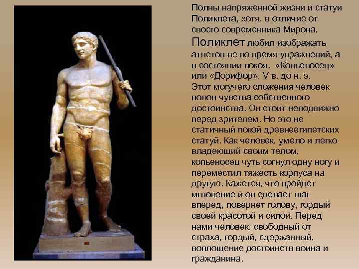 Полны напряженной жизни и статуи Поликлета, хотя, в отличие от своего современника Мирона, Поликлет