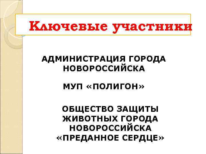 Ключевые участники АДМИНИСТРАЦИЯ ГОРОДА НОВОРОССИЙСКА МУП «ПОЛИГОН» ОБЩЕСТВО ЗАЩИТЫ ЖИВОТНЫХ ГОРОДА НОВОРОССИЙСКА «ПРЕДАННОЕ СЕРДЦЕ»