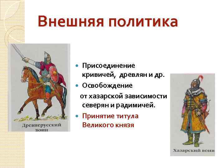 Внешняя политика Присоединение кривичей, древлян и др. Освобождение от хазарской зависимости северян и радимичей.