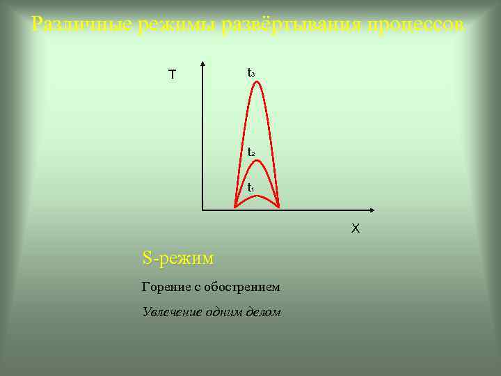 Различные режимы развёртывания процессов Т t 3 t 2 t 1 Х S-режим Горение