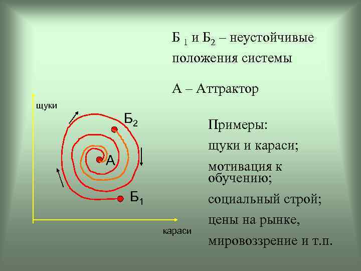 Б 1 и Б 2 – неустойчивые положения системы А – Аттрактор щуки Б