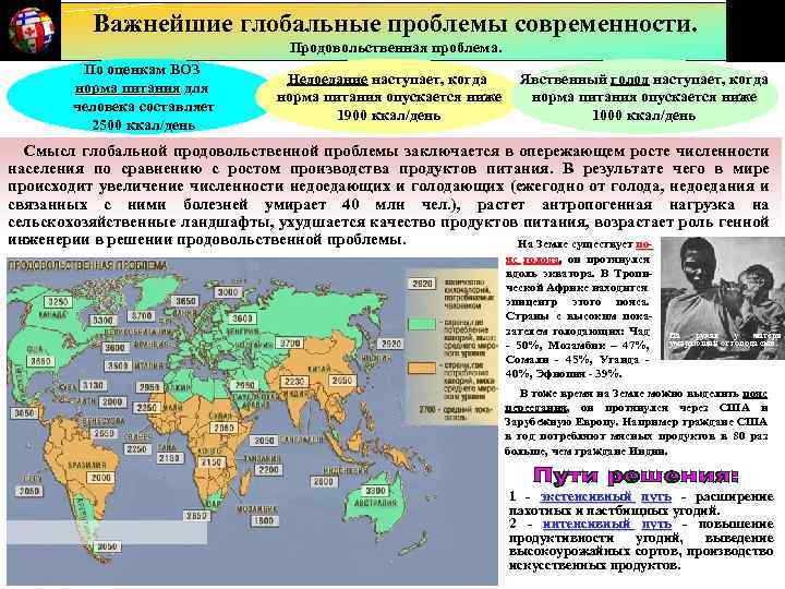 Важнейшие глобальные проблемы современности. Продовольственная проблема. По оценкам ВОЗ норма питания для человека составляет