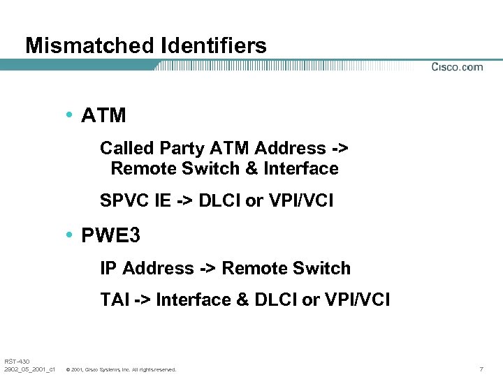 Mismatched Identifiers • ATM Called Party ATM Address -> Remote Switch & Interface SPVC
