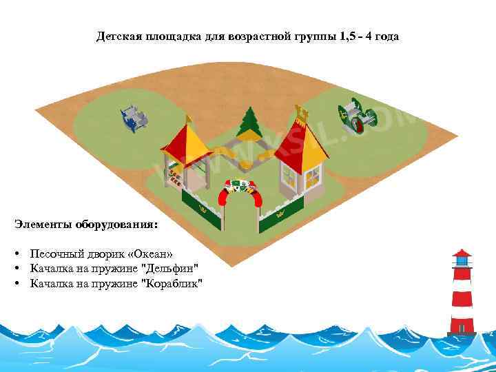 Детская площадка для возрастной группы 1, 5 - 4 года Элементы оборудования: • Песочный