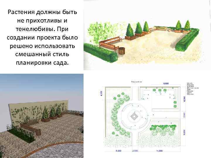 Растения должны быть не прихотливы и тенелюбивы. При создании проекта было решено использовать смешанный