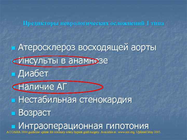 Предикторы неврологических осложнений 1 типа Атеросклероз восходящей аорты n Инсульты в анамнезе n Диабет