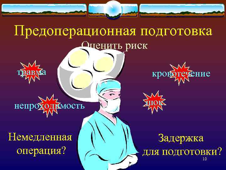 Предоперационная подготовка Оценить риск травма непроходимость Немедленная операция? кровотечение шок Задержка для подготовки? 10