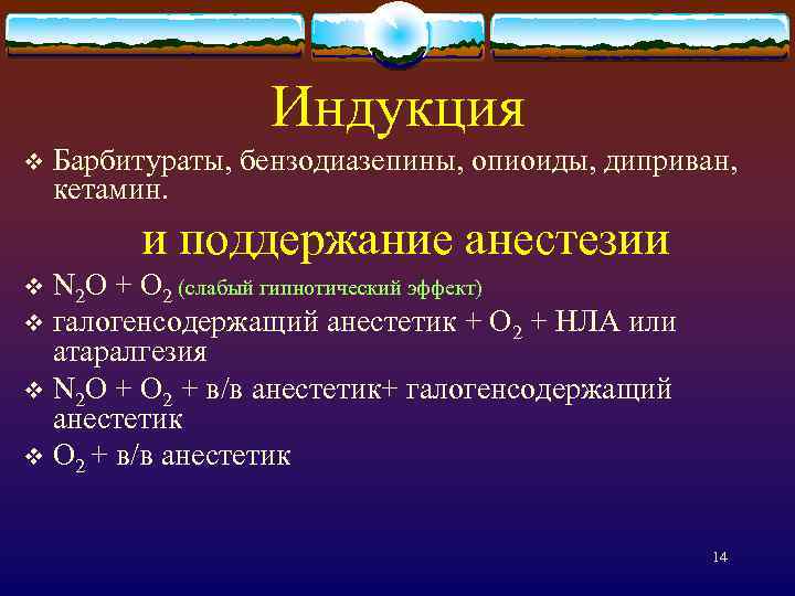 Индукция v Барбитураты, бензодиазепины, опиоиды, диприван, кетамин. и поддержание анестезии N 2 O +