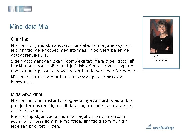 Mine-data Mia Om Mia: Mia har det juridiske ansvaret for dataene i organisasjonen. Mia