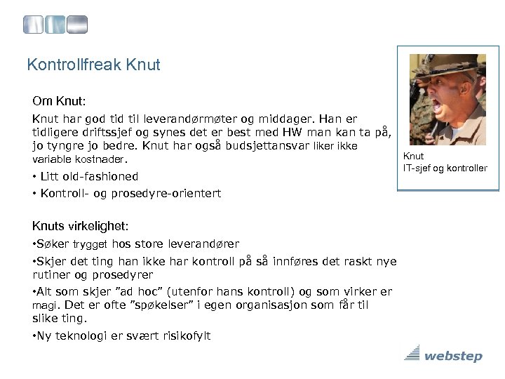 Kontrollfreak Knut Om Knut: Knut har god til leverandørmøter og middager. Han er tidligere