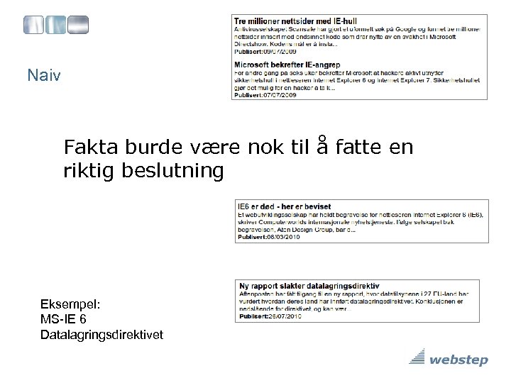 Naiv Fakta burde være nok til å fatte en riktig beslutning Eksempel: MS-IE 6