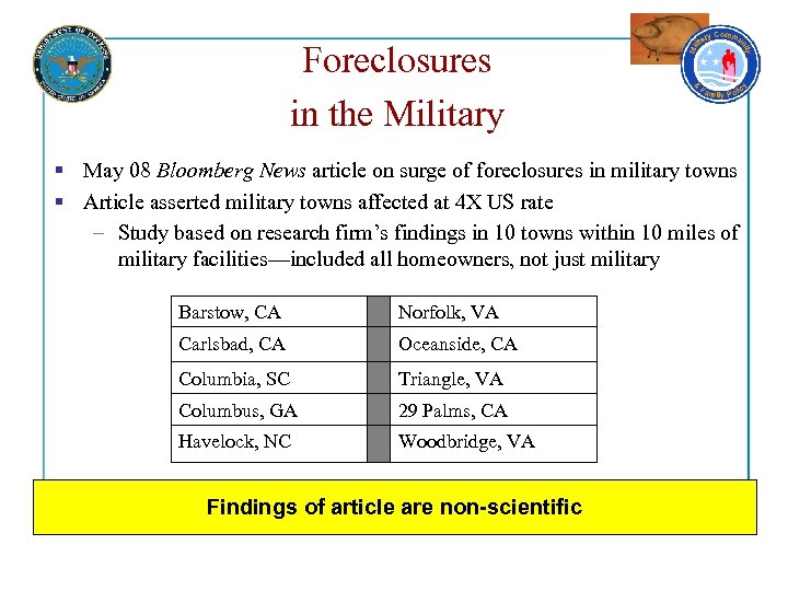Foreclosures in the Military § May 08 Bloomberg News article on surge of foreclosures