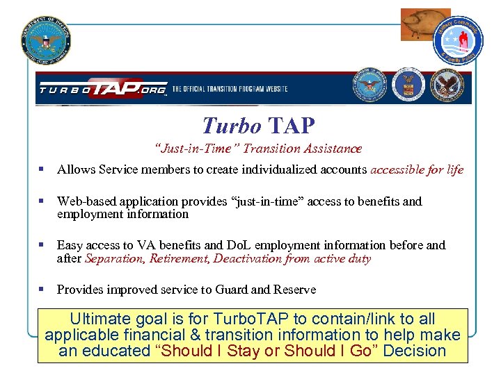 Turbo TAP “Just-in-Time” Transition Assistance § Allows Service members to create individualized accounts accessible