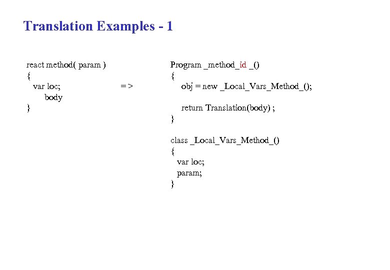 Translation Examples - 1 react method( param ) { var loc; = > body
