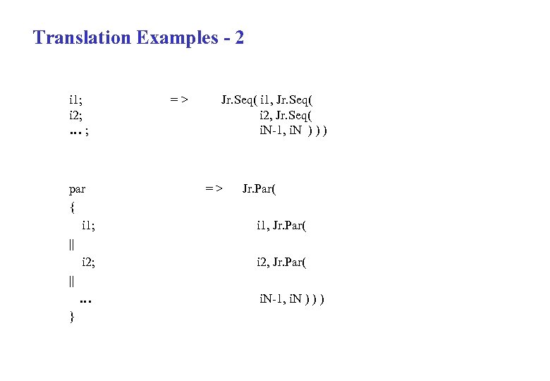 Translation Examples - 2 i 1; i 2; … ; = > Jr. Seq(